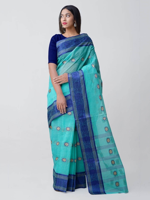 

Unnati Silks Turquoise Blue & Blue Pure Cotton Woven Design Taant Saree