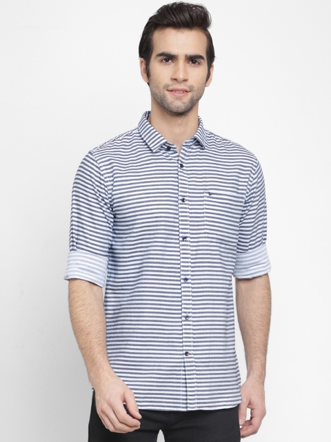 

cape canary Men Grey & White Regular Fit Striped Casual Shirt