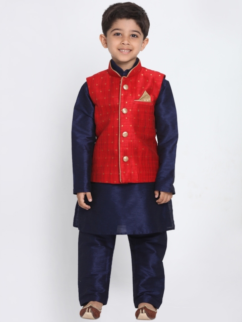 

JBN Creation Boys Navy Blue & Red Solid Kurta with Pyjamas & Nehru Jacket