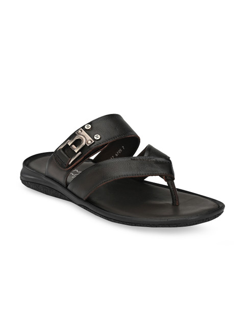 

Hitz Men Black Solid Leather Comfort Sandals