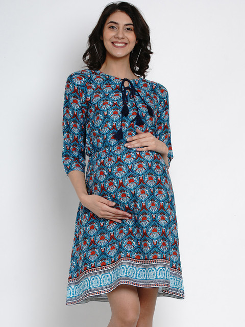 

Mine4Nine Women Blue Printed Fit and Flare Maternity Dress