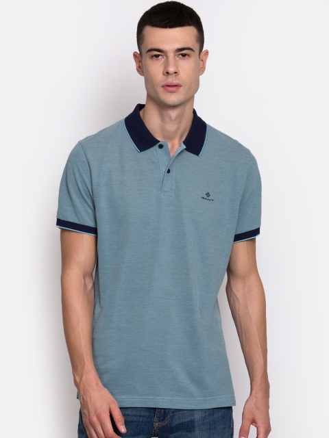 

GANT Men Teal Blue Self Design Polo Collar T-shirt