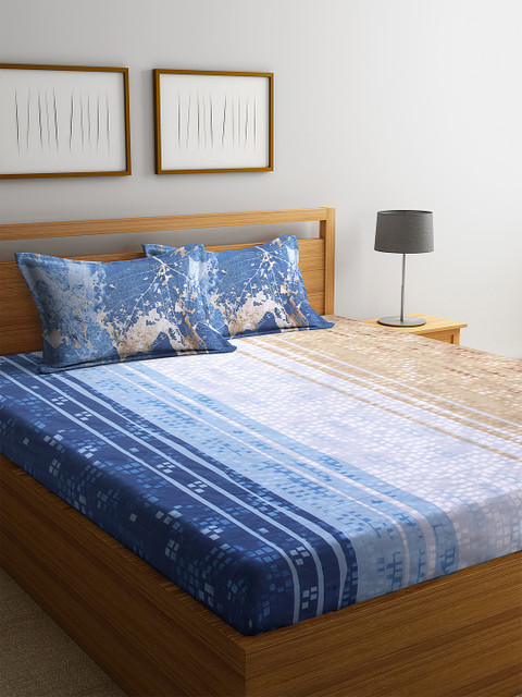 

BOMBAY DYEING Blue & Brown Abstract 180 TC Cotton 1 Queen Bedsheet with 2 Pillow Covers
