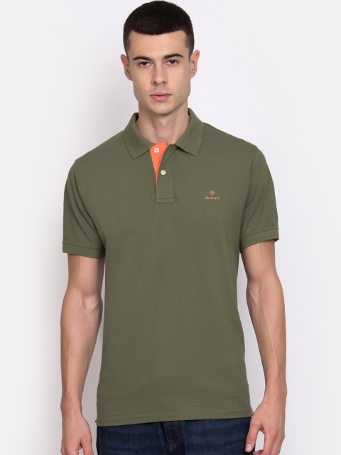 

GANT Men Olive Green Solid Polo Collar T-shirt