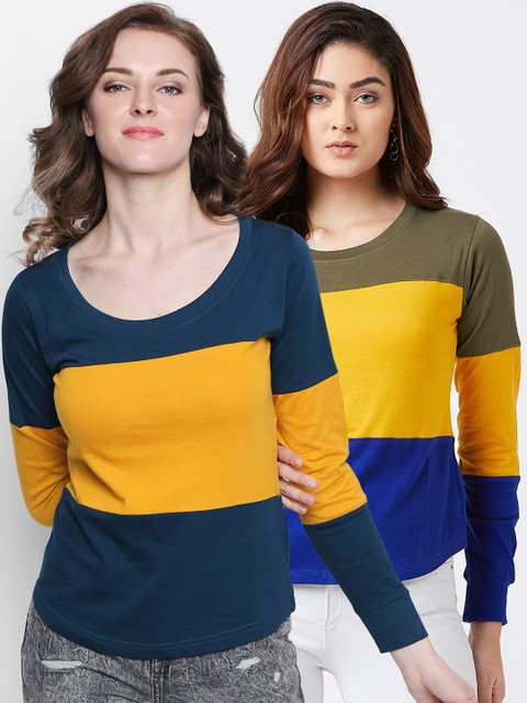 

The Dry State Women Pack Of 2 Slim Fit Colourblocked Round Neck T-shirts, Mustard