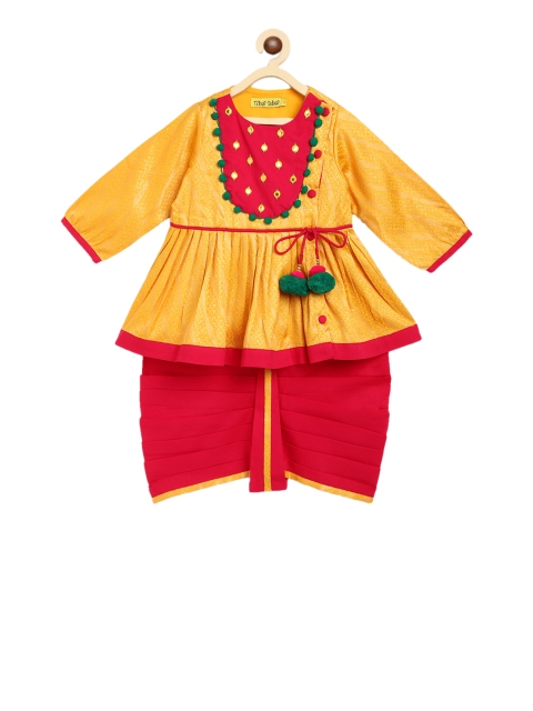 

Tiber Taber Girls Yellow & Red Self Design Kurta with Dhoti Pants