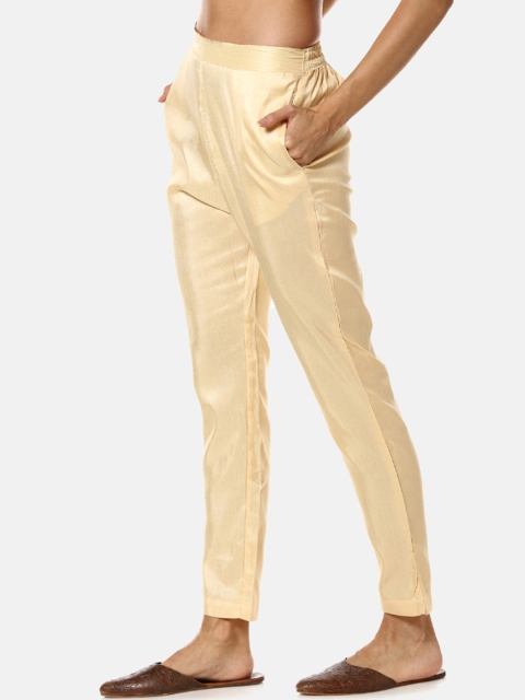 

Instafab Women Gold-Toned Regular Fit Solid Silk Cigarette Trousers
