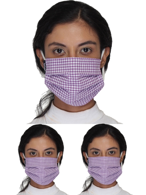 

Anekaant Women 3 Pcs Purple & White 3 Ply Reusable Checked Cotton Cloth Masks