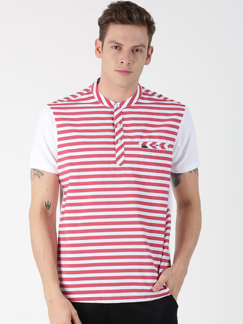 

BLACK BUCK Men White & Red Striped Mandarin Collar T-shirt