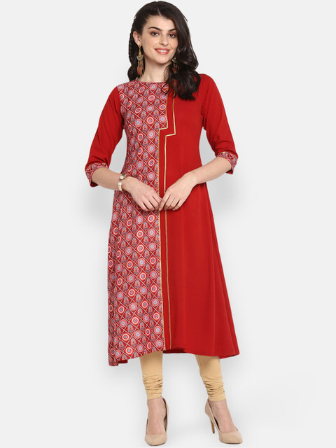 

Janasya Women Red & Off-White Printed A-Line Kurta
