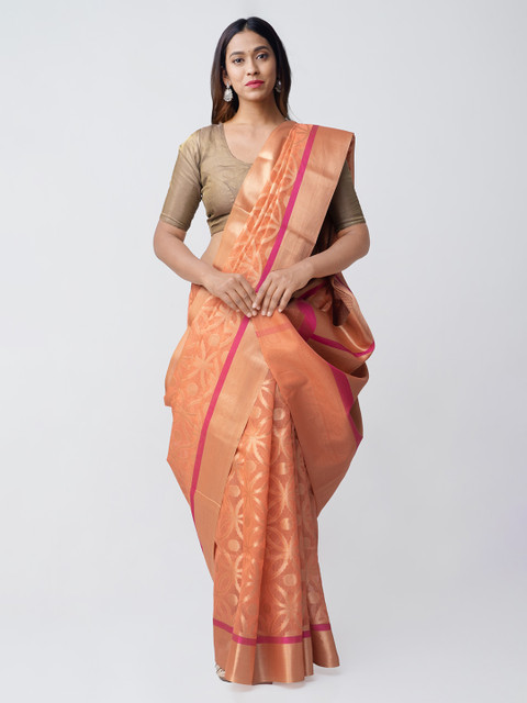 

Unnati Silks Orange & Gold-Coloured Silk Cotton Woven Design Banarasi Handloom Saree