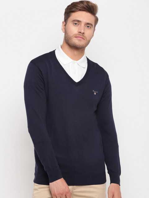 

GANT Men Navy Blue Solid Pullover Sweater