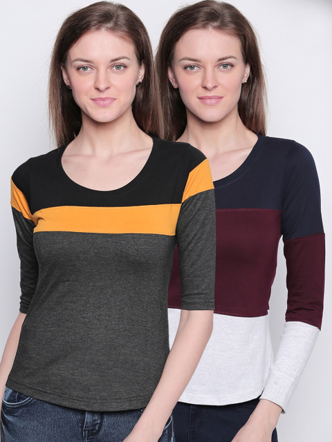 

The Dry State Women Pack of 2 Colourblocked Round Neck T-shirts, Charcoal