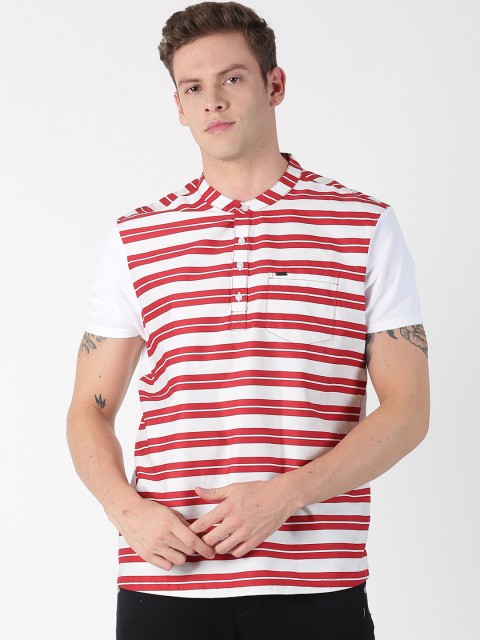 

BLACK BUCK Men Red & White Striped Mandarin Collar T-shirt