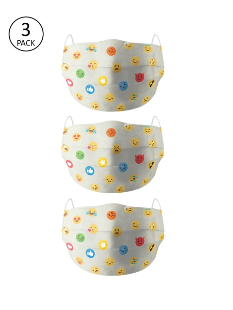 

Bigsmall Adults White Emoji Printed 3 Pcs 2 Ply Reusable Masks, Grey