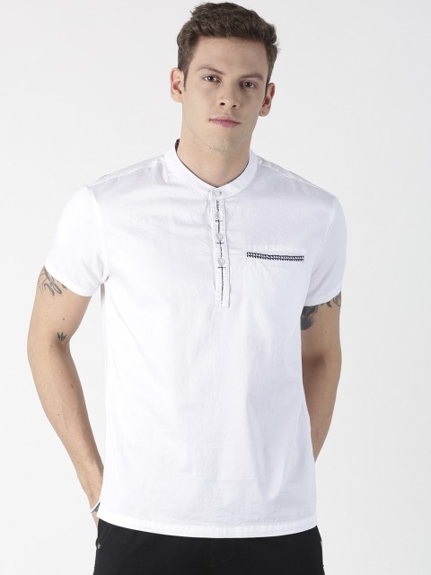 

BLACK BUCK Men White Solid Mandarin Collar T-shirt