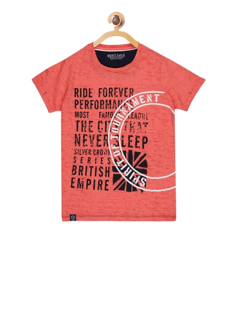 

Monte Carlo Boys Coral Pink & Black Printed Round Neck T-shirt