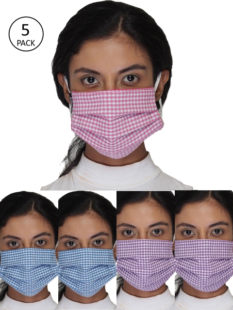

Anekaant Women 5 Pcs Multicolor 3-Ply Reusable Checked Cotton Fabric Masks, Multi