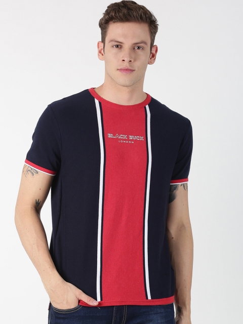 

BLACK BUCK Men Navy Blue & Red Colourblocked Round Neck T-shirt