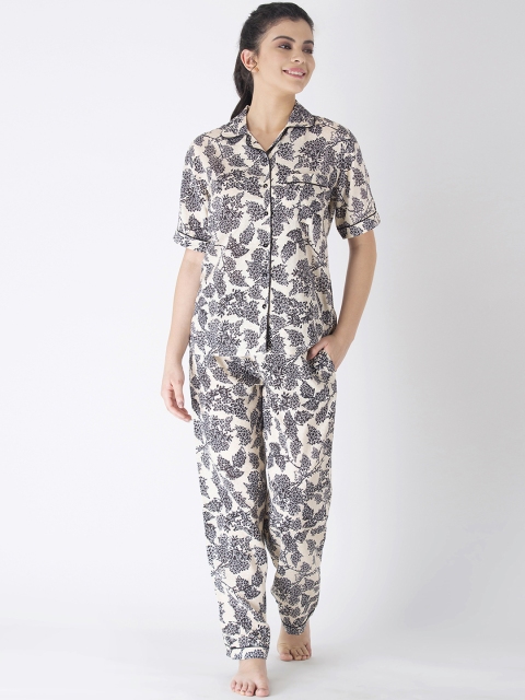 

ADORENITE Women Off-White & Black Floral Print Night suit