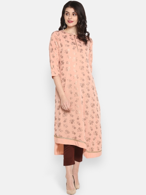 Janasya Women Peach-Coloured & Gold-Toned Printed A-Line Kurta