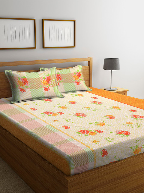 

BOMBAY DYEING Yellow & Red Floral 180 TC Cotton 1 Queen Bedsheet with 2 Pillow Covers