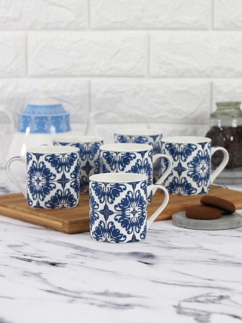 

India Circus by Krsnaa Mehta Set Of 6 Blue & White Printed Lotus Clock Coffee Mugs