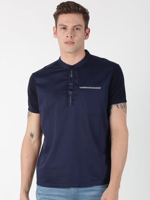 

BLACK BUCK Men Navy Blue Solid Mandarin Collar T-shirt