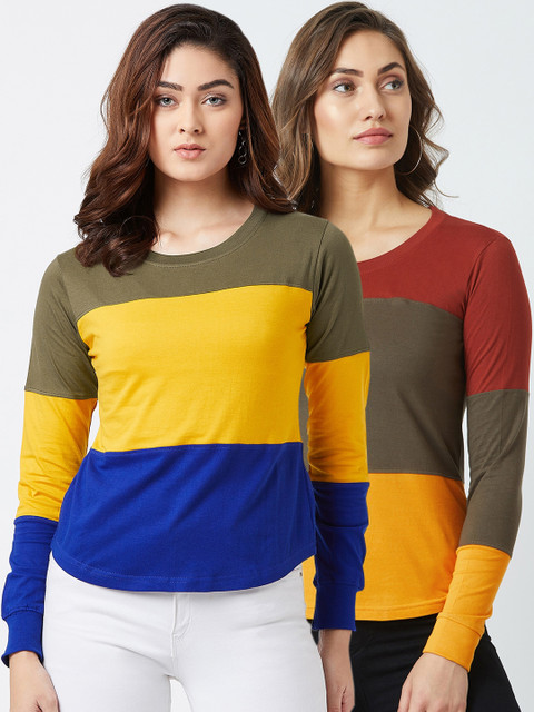

The Dry State Women Pack of 2 Colourblocked Round Neck T-shirt, Mustard