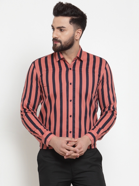 

JAINISH Men Coral & Black Regular Fit Striped Formal Shirt