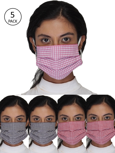 

Anekaant Women Pack Of 5 Checked 3-Ply Reusable Cloth Masks, Black