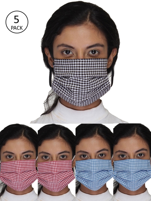 

Anekaant Women Pack Of 5 Checked 3-Ply Reusable Cloth Masks, Blue