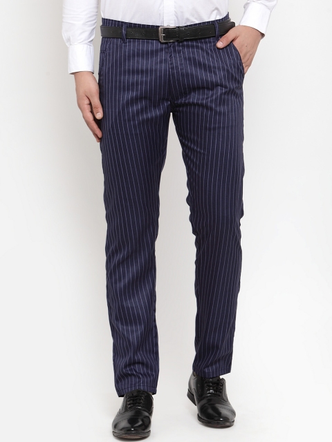 

JAINISH Men Navy Blue & White Smart Slim Fit Striped Formal Trousers