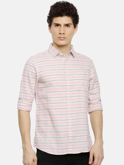 

Chennis Men Cream-Coloured & Pink Slim Fit Striped Casual Shirt