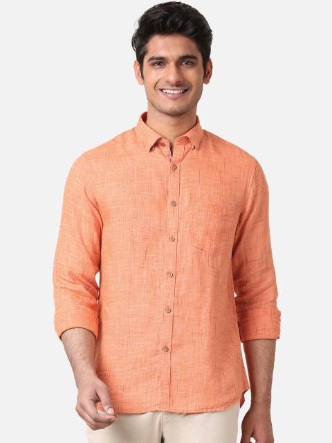 

True Blue Men Orange Slim Fit Checked Linen Casual Shirt
