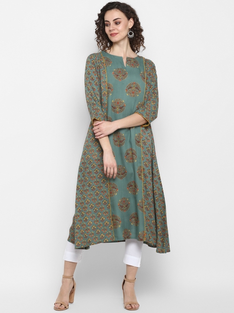 

Janasya Women Green & Orange Printed A-Line Kurta