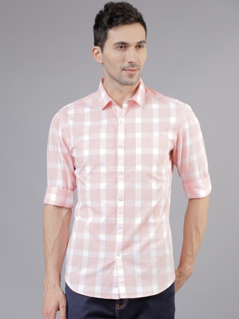 

HIGHLANDER Men White & Peach Slim Fit Checked Casual Shirt