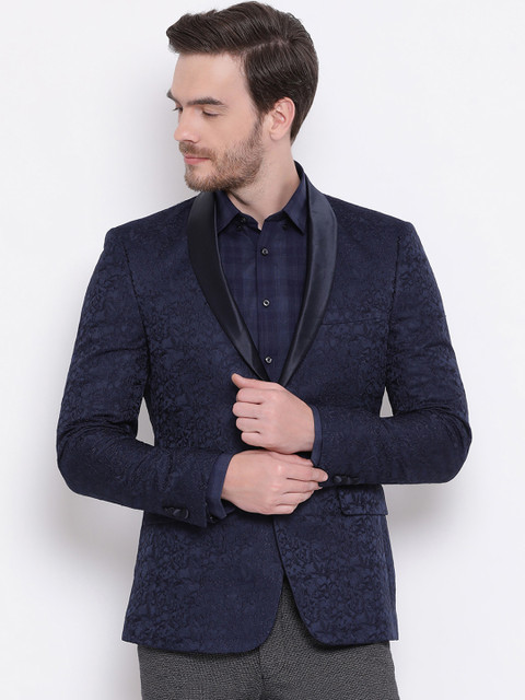 

HARSAM Men Navy Blue Self-Design Slim-Fit Single-Breasted Tuxedo Blazer