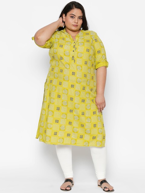 

RANGMANCH PLUS by Pantaloons Women Lime Green Printed Straight Kurta