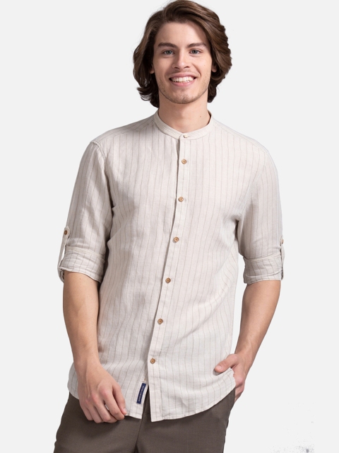 

True Blue Men Beige Slim Fit Striped Casual Shirt