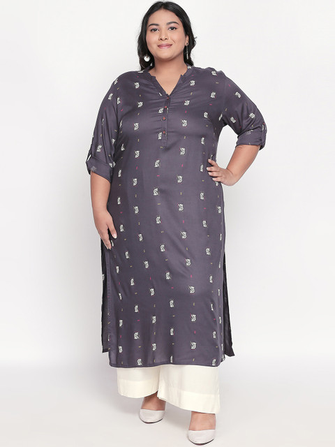 

RANGMANCH PLUS by Pantaloons Women Grey Floral Printed Straight Kurta