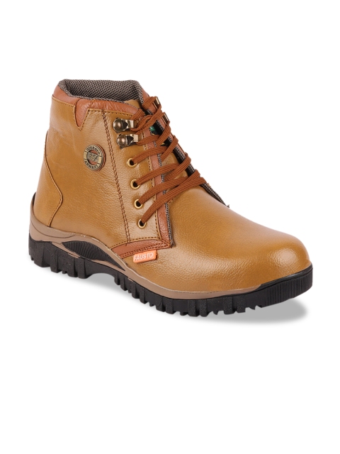 

FAUSTO Men Tan Brown Solid Synthetic Leather Mid-Top Flat Boots