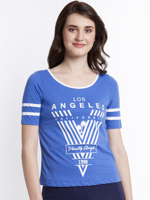 

Ajile by Pantaloons Women Blue White Printed Round Neck Pure Cotton T-shirt