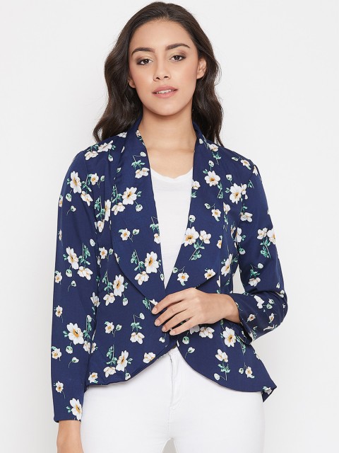

PURYS Women Navy Blue & White Floral Printed Open Front Shrug