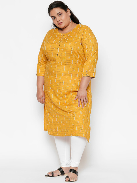 

RANGMANCH PLUS by Pantaloons Women Mustard Yellow & Beige Printed Straight Kurta