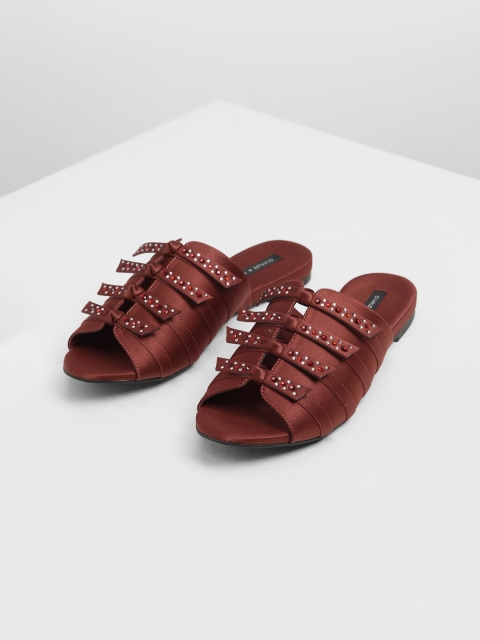 

CHARLES & KEITH Women Burgundy Embellished PU Open Toe Flats