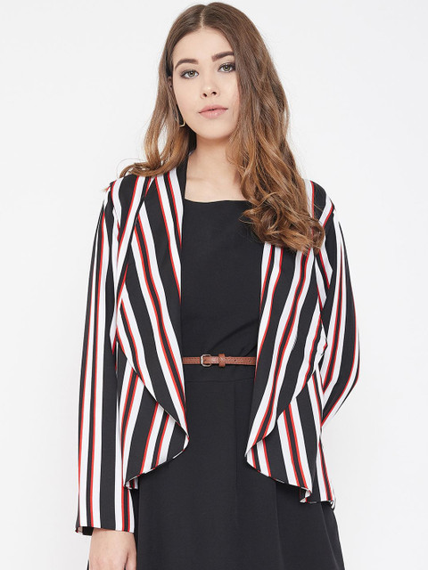 

PURYS Women White & Black Striped Open Front Shrug
