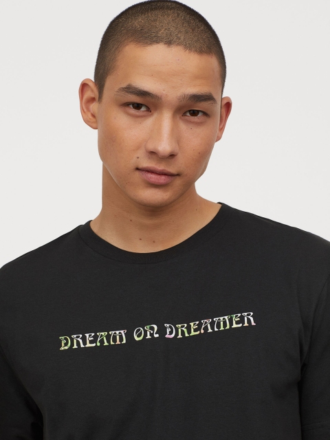 H&M Men Black Printed Round Neck Cotton T-shirt