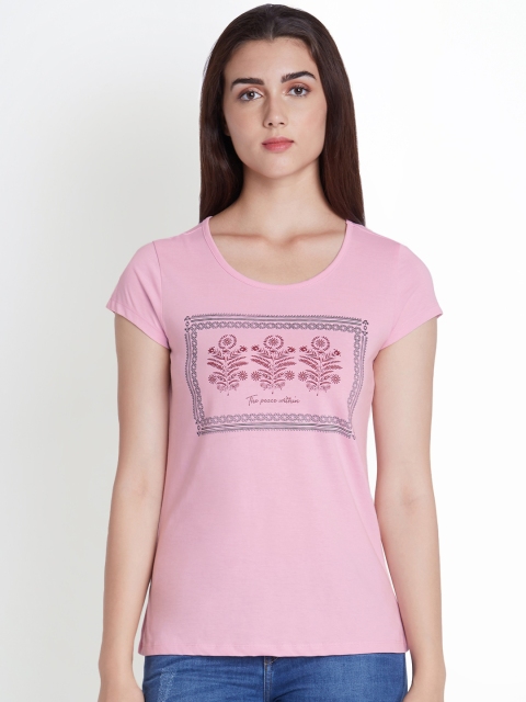 

Ajile by Pantaloons Women Pink Floral Printed Round Neck Pure Cotton T-shirt