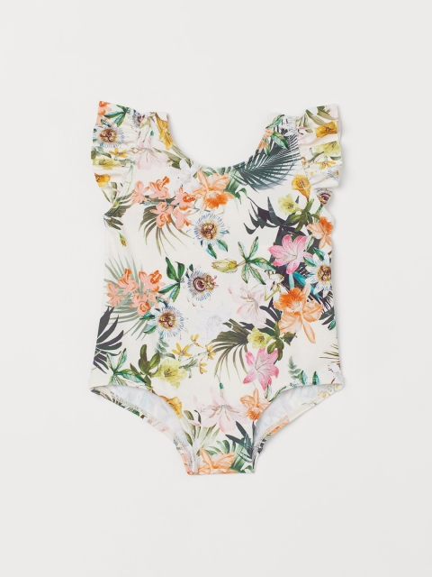 

H&M Girls White & Green Flounce-Trimmed Swimsuit
